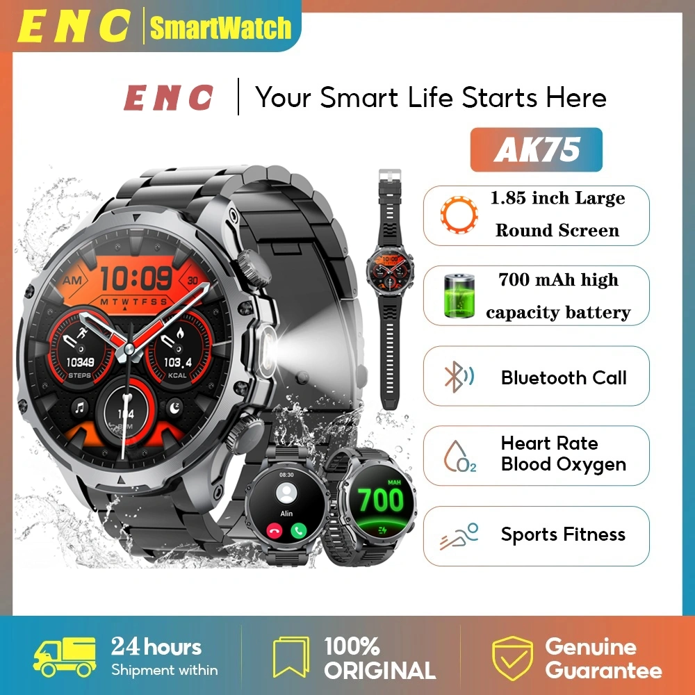 ENC Military Smart Watch for Men 1.85’ Large HD Touch Screen(Answer/Make Call), 700mAh Large Battery Fitness Watch with Flashlight/Heart Rate Fitness Tracker for iPhone & Android