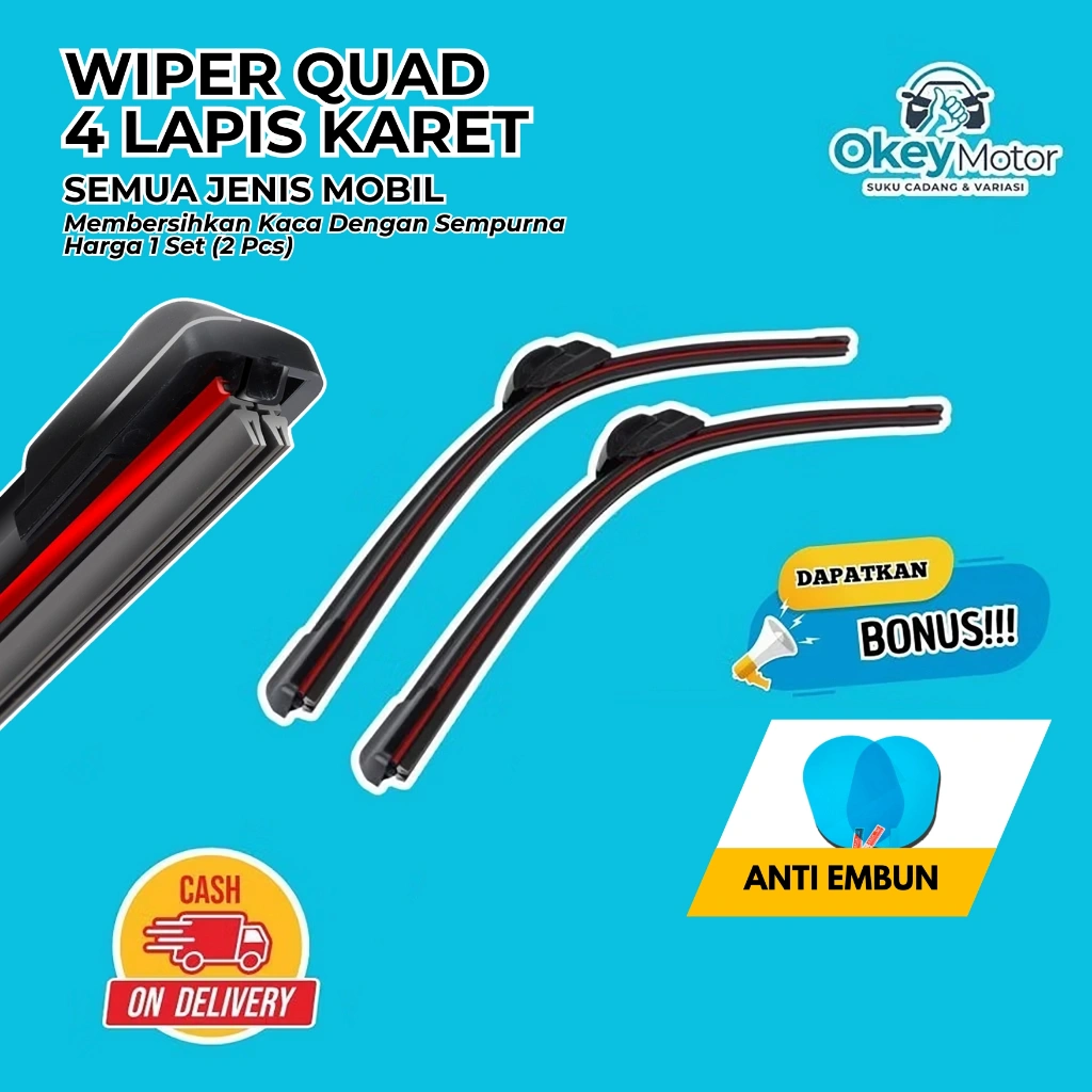 Wiper Quad 4 Karet Mobil 1 Set Kiri dan Kanan Bonus Stiker Anti Embun untuk Semua Jenis Mobil