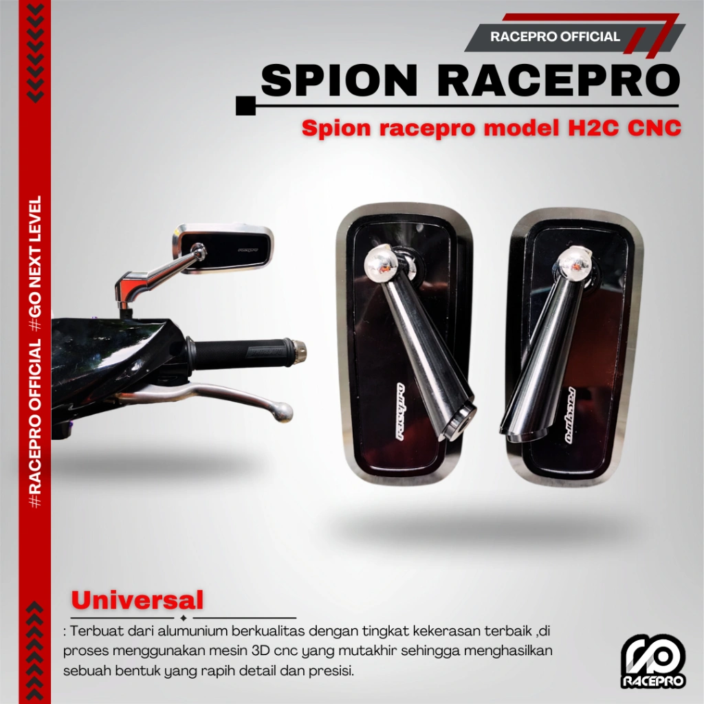 SPION RACEPRO MODEL H2C CNC HITAM DAN SILVER KACA BENING SPION CNC 1 SET KUNCI L 2 PCS