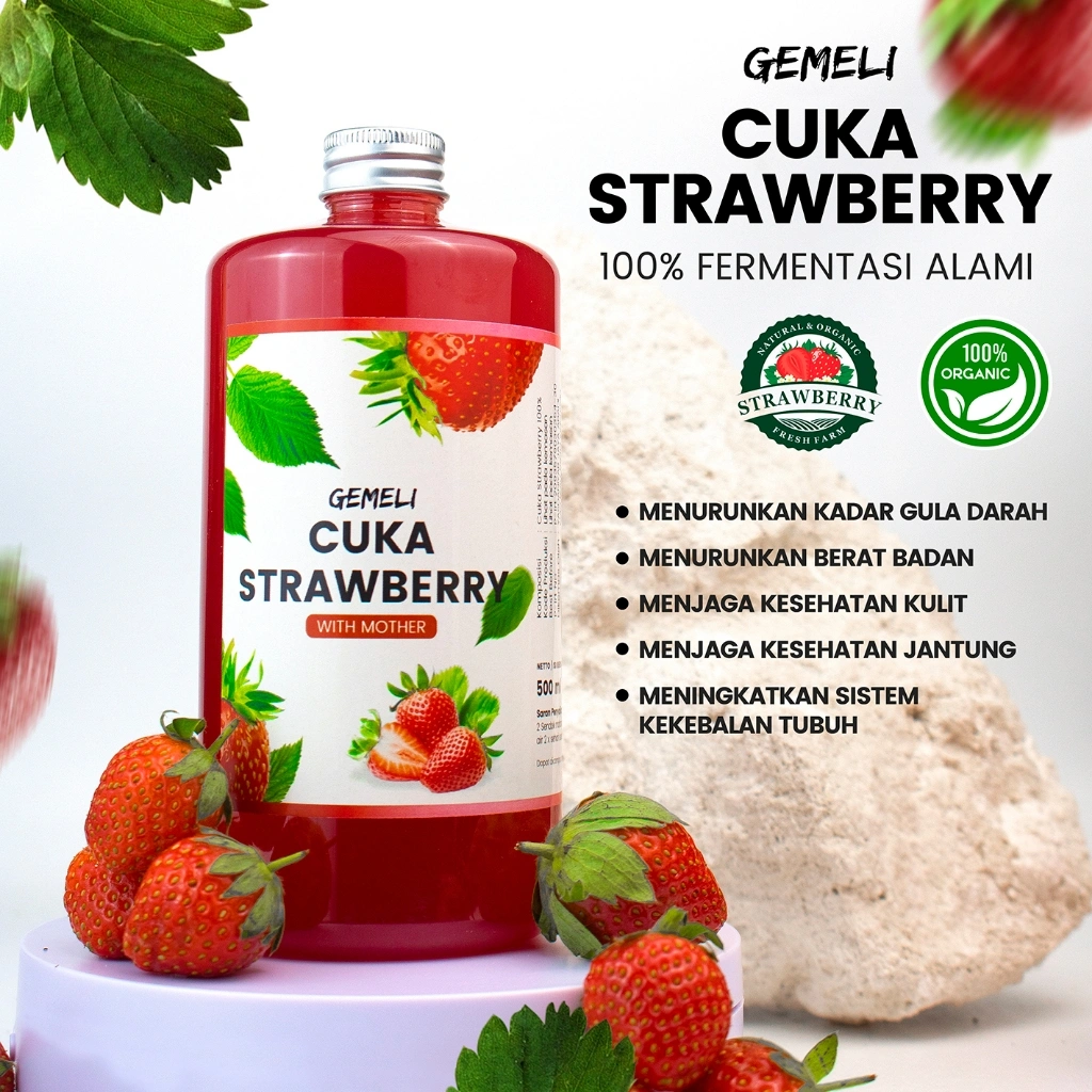 Gemeli Cuka Strawberry Original With Mother 500ml - Kaya Probiotik & Enzim