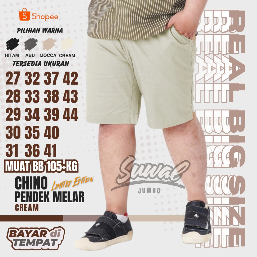 Celana Chino Pendek Pria Big Size Jumbo Pendek Cowok Distro Dewasa Bahan Adem Melar Stretch Size 27-44