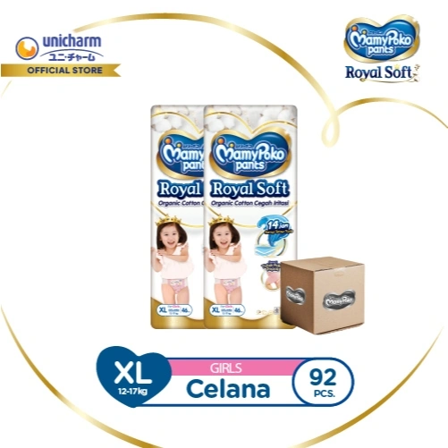 MamyPoko Pants Royal Soft Organic Cotton - XL 46 - Girls - Popok Celana - 2 Packs