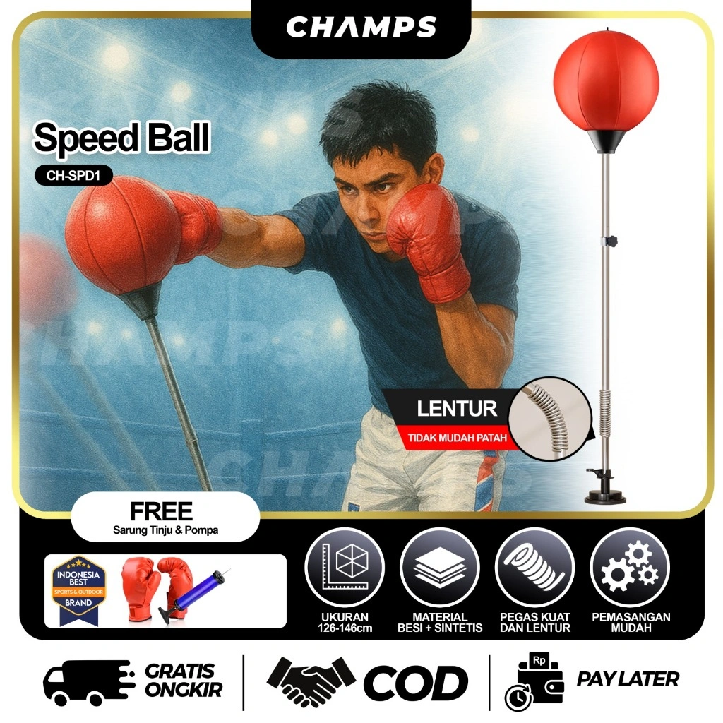 CHAMPS Speed Reflex Punching Ball Stand Tinju | Samsak Tinju Berdiri Adjustable + Sarung Tangan & Pompa | Alat Latihan Pukulan Speed Ball Boxing Karate CH-SPD1