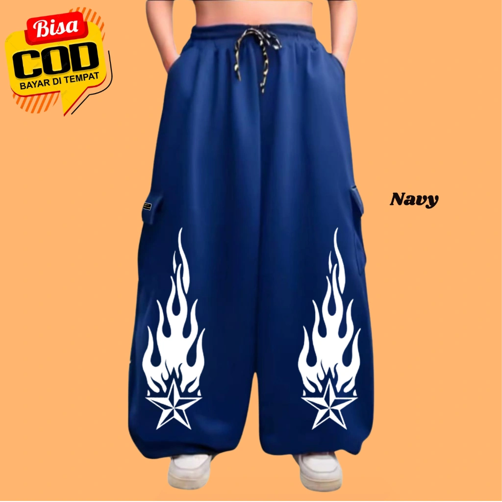 Celana Panjang Baggy Balloon Warna Navy Motif Bintang Api Long Pants Cargo Skena Kekinian Bahan Katun Fleece Adem Brand New Star Co