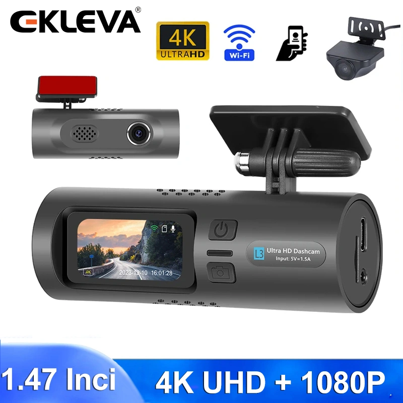 EKLEVA Dashcam Mobil Dual Kamera 4K UHD DVR Mobil Layar 1.47 Inch WIFI Ada G-Sensor Support Pemantauan Parkir 24 Jam