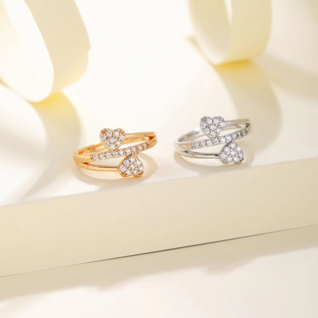 BLK Cincin Emas Silver Titanium Anti Karat Untuk Wanita Dewasa Model DuaHati Full Permata Zirco-Ring