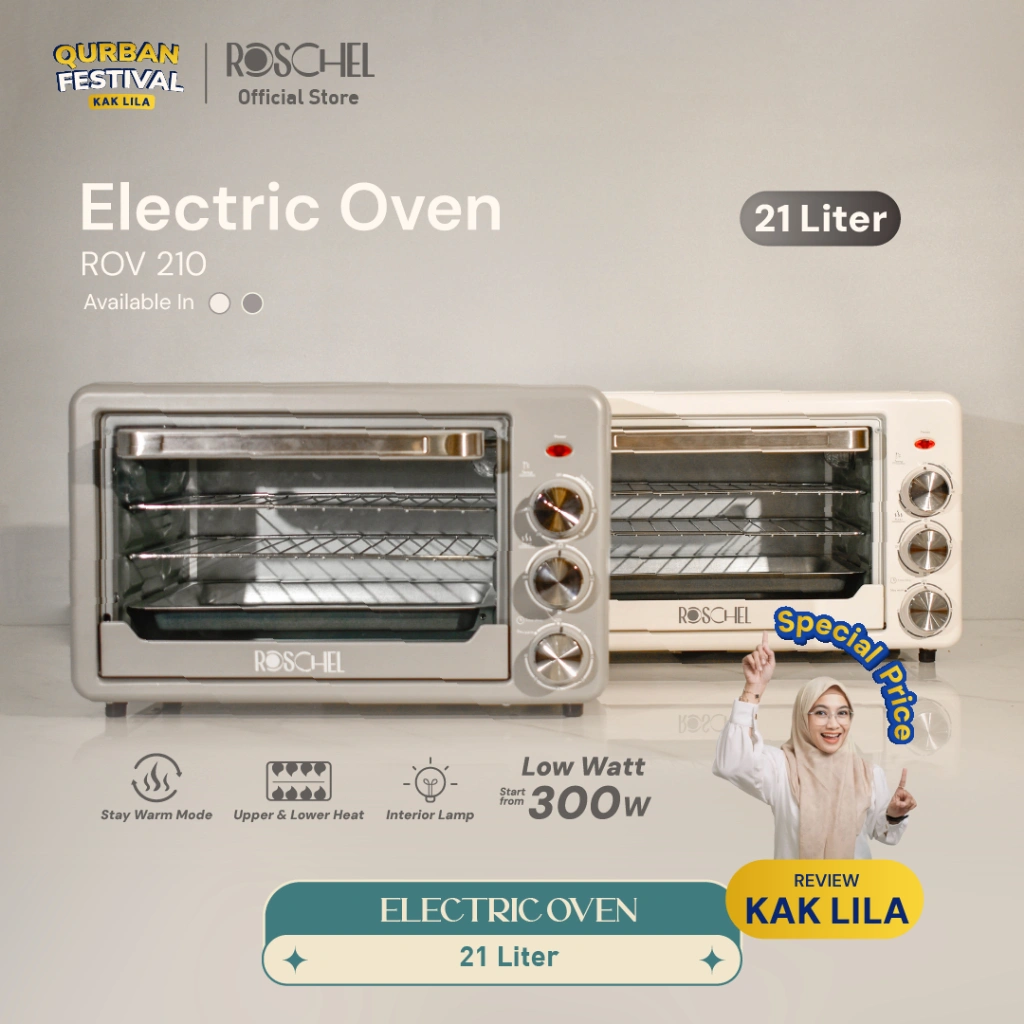 [SPECIAL LIVE LILA.AZMINA] Roschel Electric Oven Low Watt 2x300 W Atas Bawah Kapasitas 21L Stay Warm Function Menghangatkan with Interior Lamp Hemat Listrik Pemanas Ganda Stainless Steel Pemanggang Kue Toaster Multifungsi ROV-210/ROV 210/ROV210