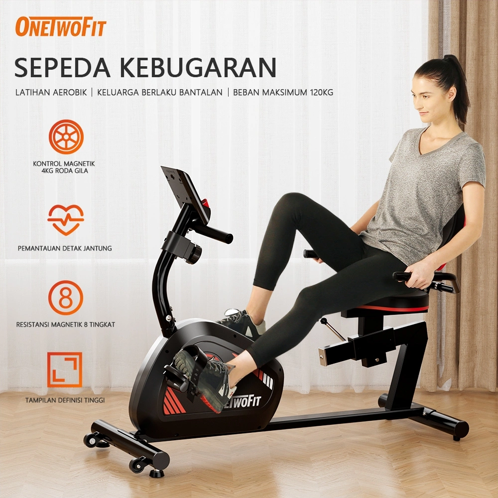 OneTwoFit Sepeda Statis Latihan Aerobik Recumbent Bike Adjustable Seat Exercise Bike Kursi dengan Kontrol Magnetik 4kg Roda Gila dan Pemantauan Detak Jantung