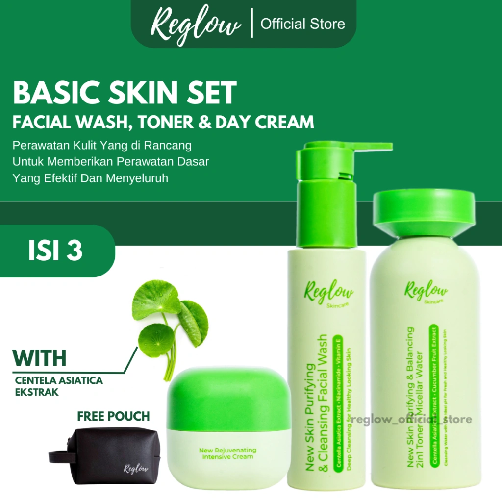 Reglow Paket Basic Skin Treatment FREE POUCH Facial Wash 2in1 toner Micellar water Rejuvenating Cream