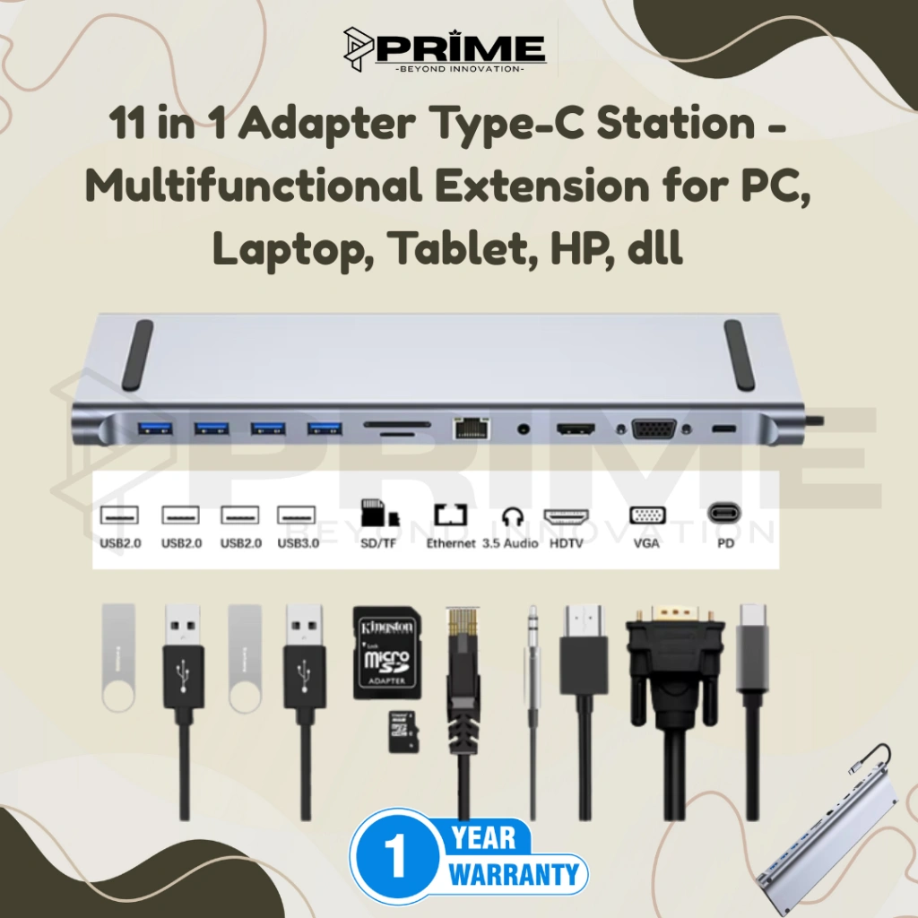 Slim Docking Station 11 in 1 Simple New Tech Port Hub extension Charge PD 4USB SD USB-C HDMI VGA INTERNET PORT LAN