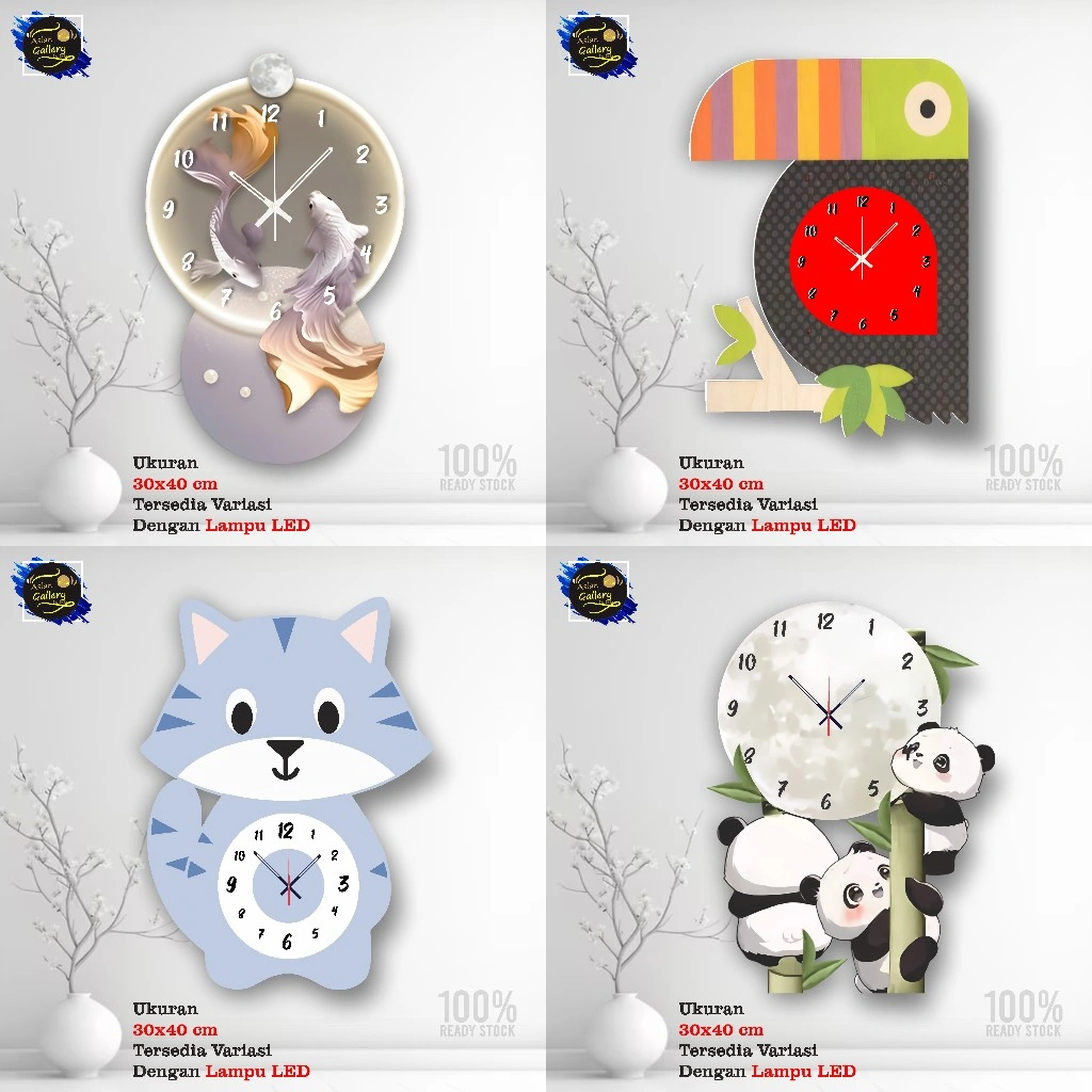 Jam dinding kayu karakter kartun panda dekorasi pajangan ruangan minimalis binatang lucu imut