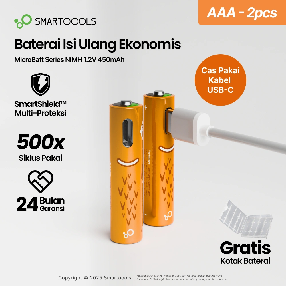 Baterai Cas Isi Ulang 2pcs Smartoools MicroBatt AAA 1.2V USB Type-C NiMH Battery Charge Free Case