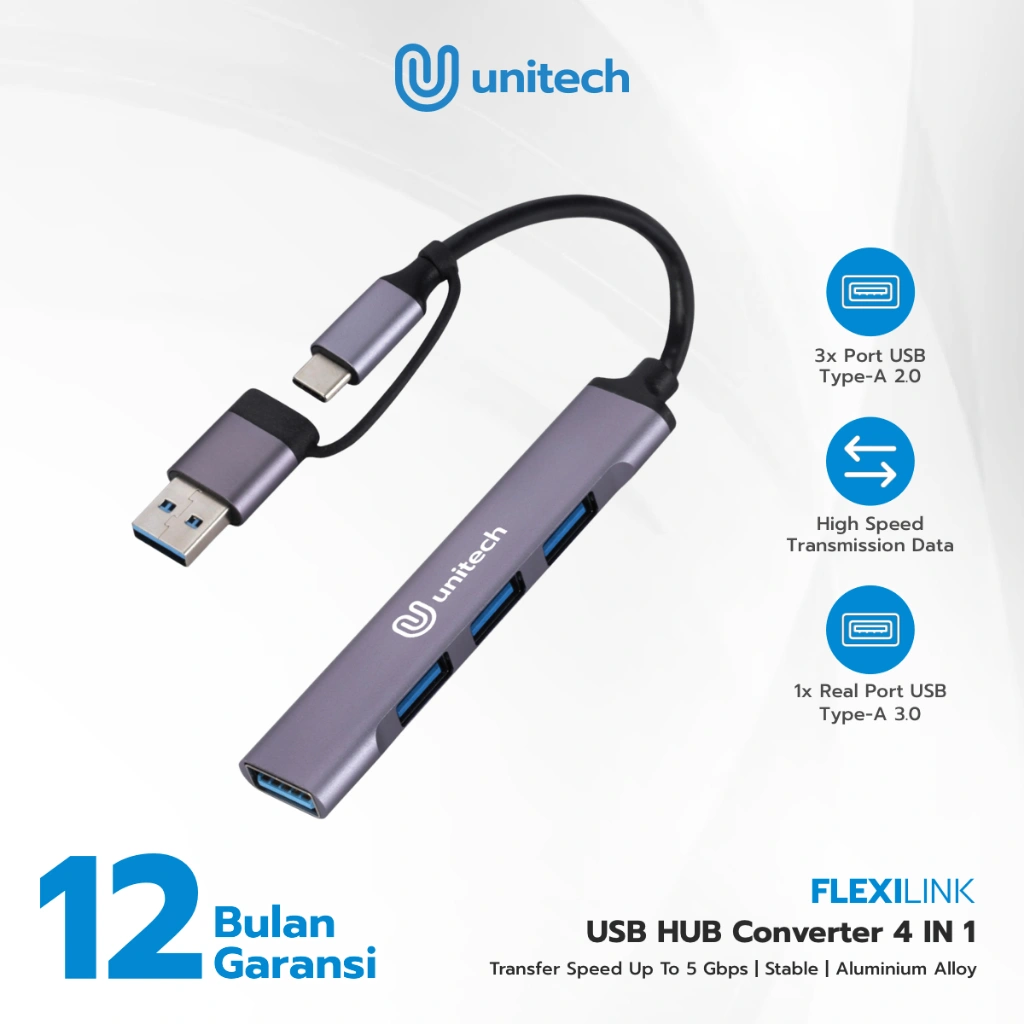 USB Hub 4in1 FlexiLink Ultra Slim USB 3.0 High Speed 5Gbps Type C + USB A Converter Docking Station Unitech