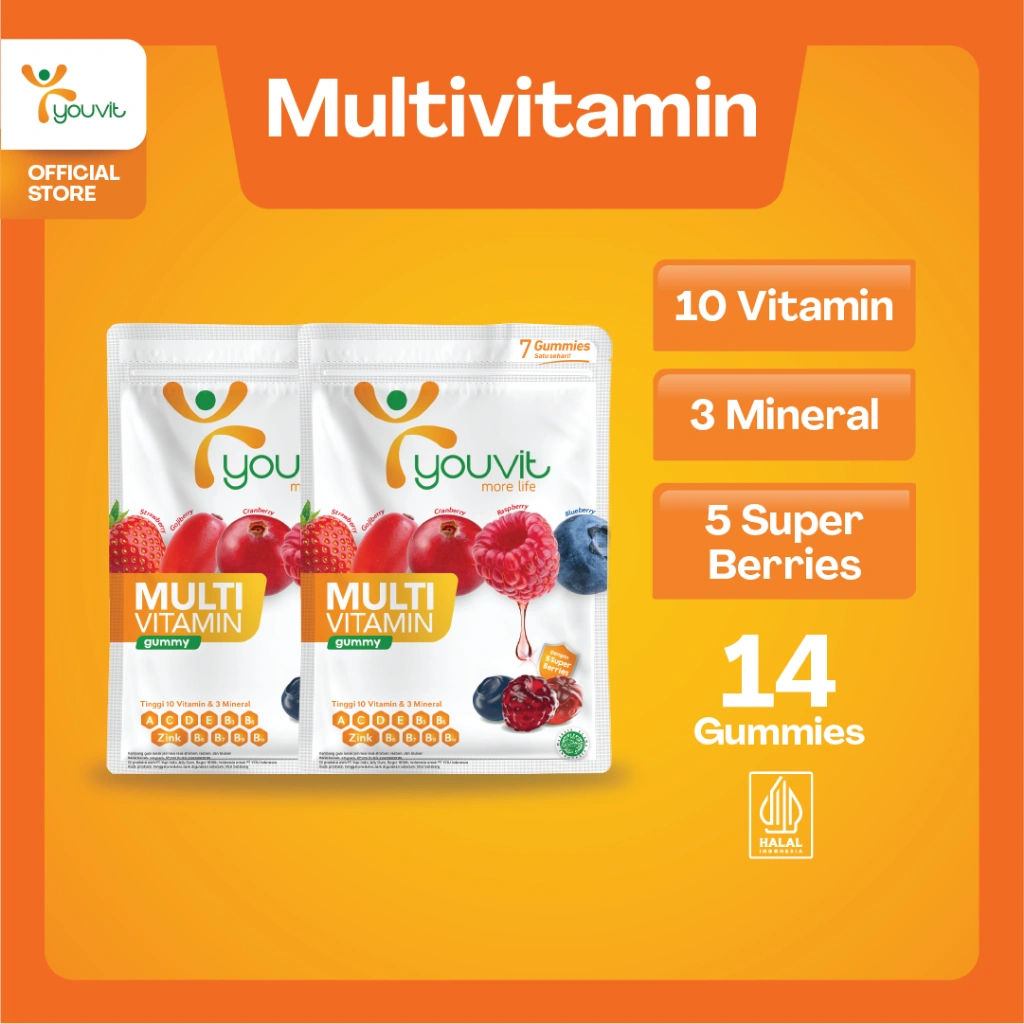 Multivitamin Gummy Dewasa untuk Imunitas | Youvit Multivitamin Dewasa 2 Sachet (14 Hari) dengan Vitamin C, Vitamin D, Zink & Superberries