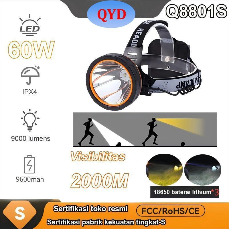 QYD Senter Kepala Semi-split LED super Terang IPx4 Tahan Air  Kompartemen baterai belakang Headlamp Q8801S