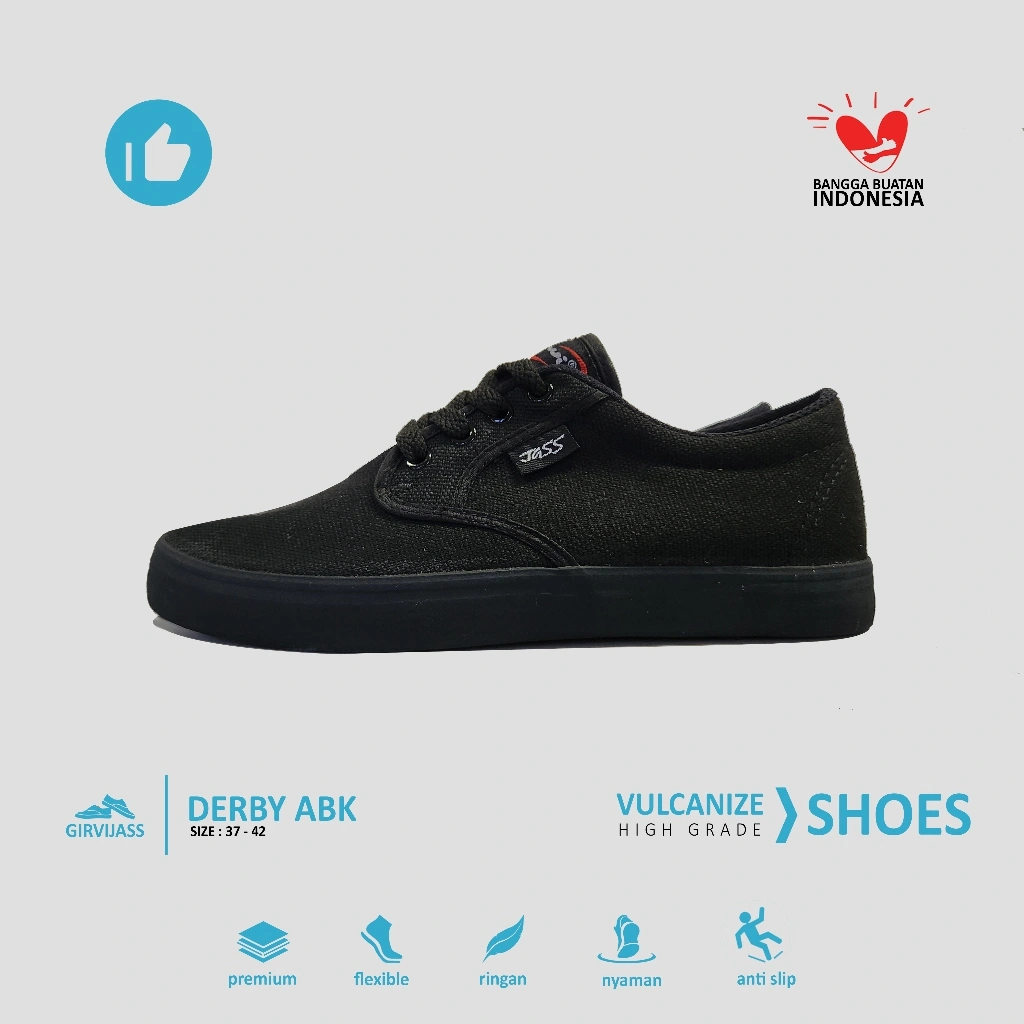 GIRVI Derby Sepatu Sekolah Jass Kanvas Vulcanized Bertali Hitam Polos Ukuran 37–42