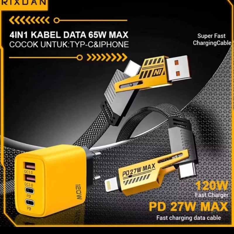 ￼Cable Data 4in1 27W PD Lightning - 65W Type C Charging Kabel Fast Charger Kabel  Cas Hp C To C