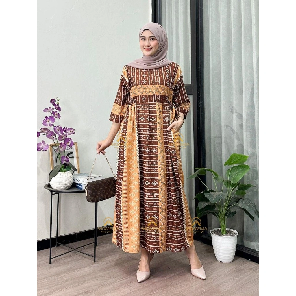 MIDI DRESS RAYON PREMIUM WANITA TERBARU WARNA COKLAT MAHOGANY BUMIL/BUSUI FRIEDLY 2 UKURAN BY MOMEMA