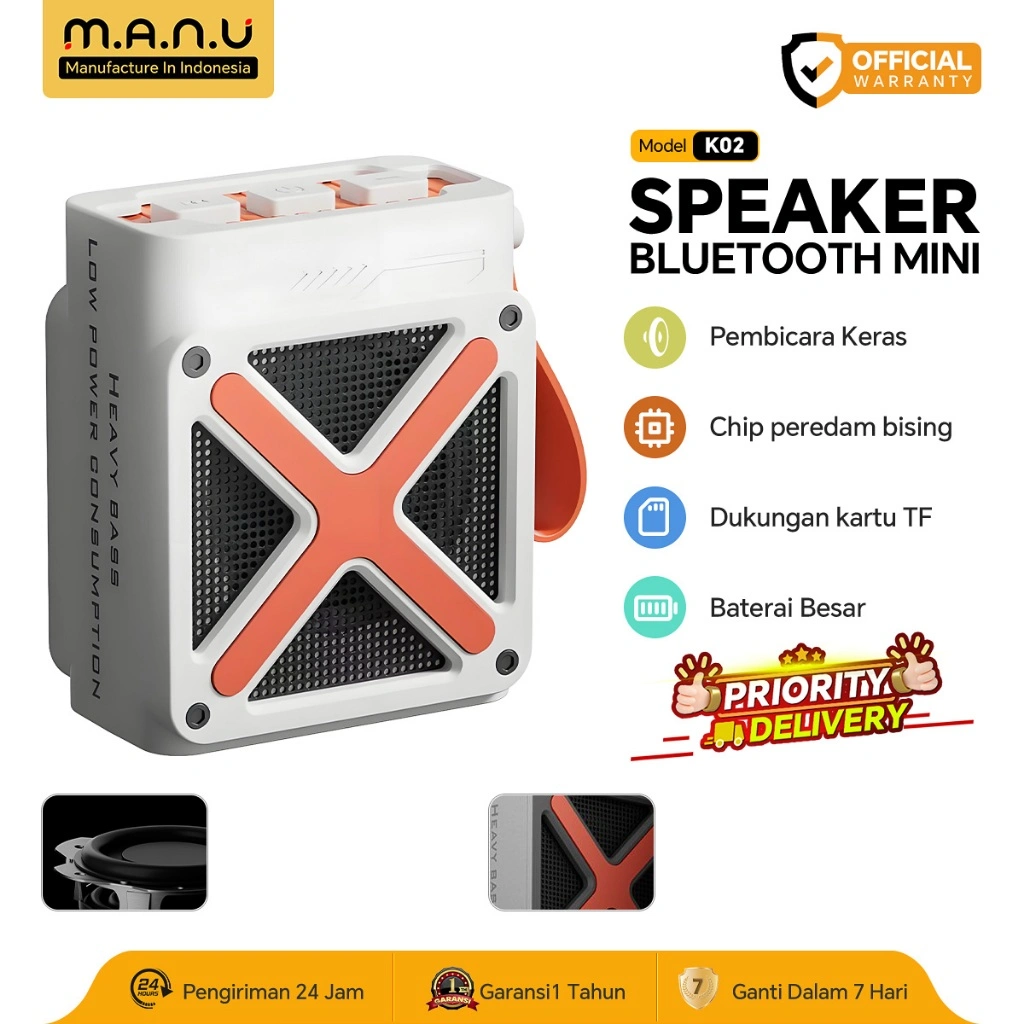 MANU K02 Speaker Bluetooth Mini 5W - Suara Jernih & Bass Kuat, TWS Interkoneksi, Baterai Tahan Lama, support kartu SD - Gratis Ongkir!