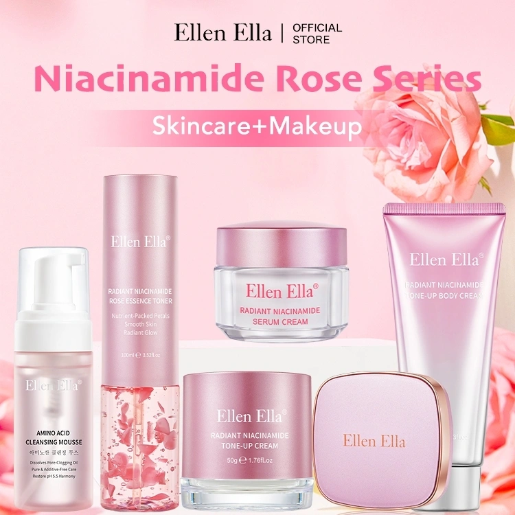 [BPOM] ELLEN ELLA Niacinamide Skincare Makeup 6pcs Set Cleanser+Toner+ Krim+Tone Up Cream SPF +Body Lotion+Foundation Cushion  Rose Petals Toner Soothing Lightening Face Toner Glowing dan Melembabkan Semua Jenis Kulit