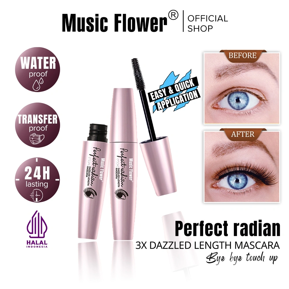 MUSIC FLOWER Perfect Radian Dazzled Length Mascara 24H Longlasting Lengthening Smudgeproof Waterproof Maskara