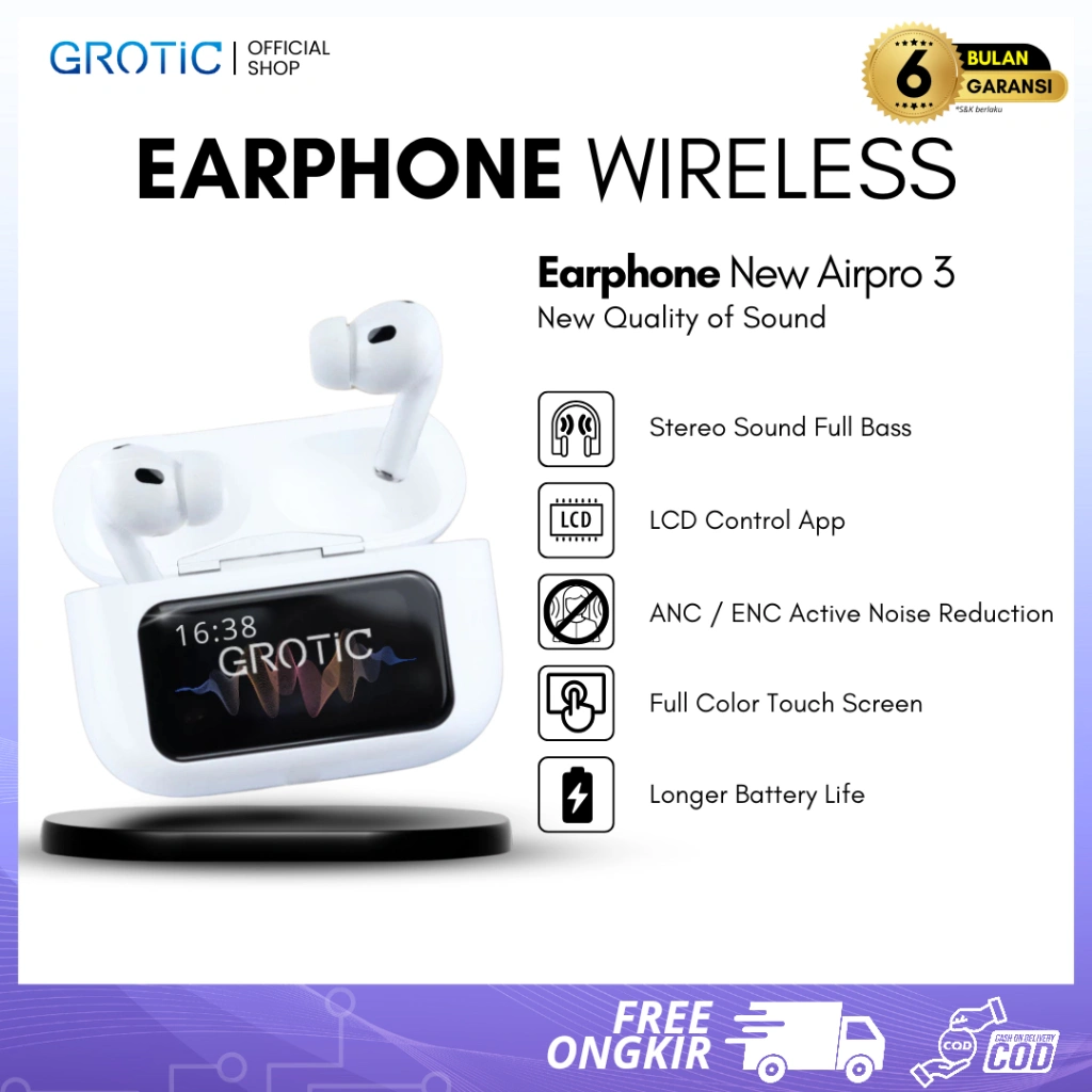 GROTIC Headset Bluetooth TWS ANC/ENC Active Noise Reduction With Smart Screen