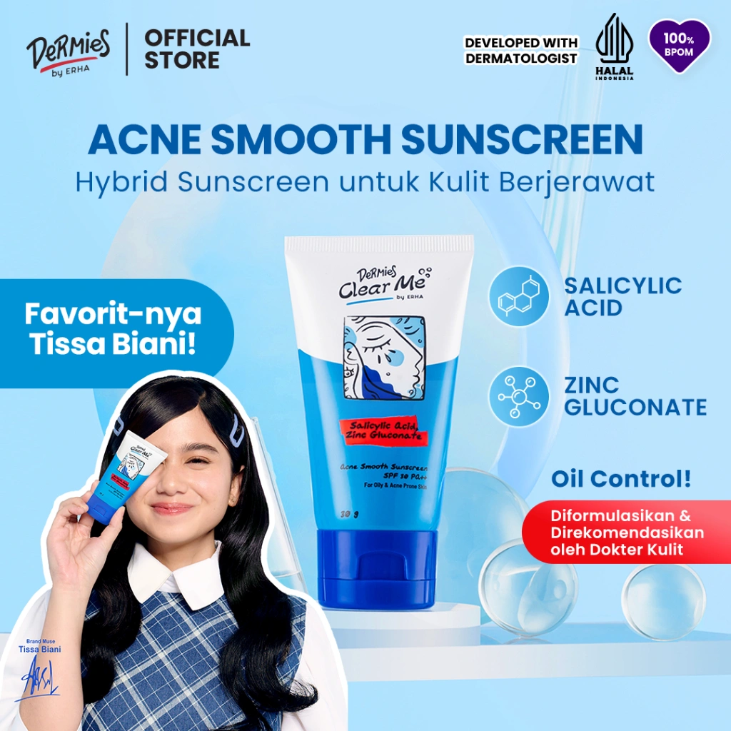 DERMIES Clear Me by ERHA Acne Smooth Sunscreen - Tabir Surya Moisturizing SPF 30 PA++ Aman untuk Kulit Berjerawat dan Sensitif Oil Control Non Alcohol Non Perfumed No Whitecast dengan Natural Dewy Glass Skin Finish 2% Salicylic Acid 30g