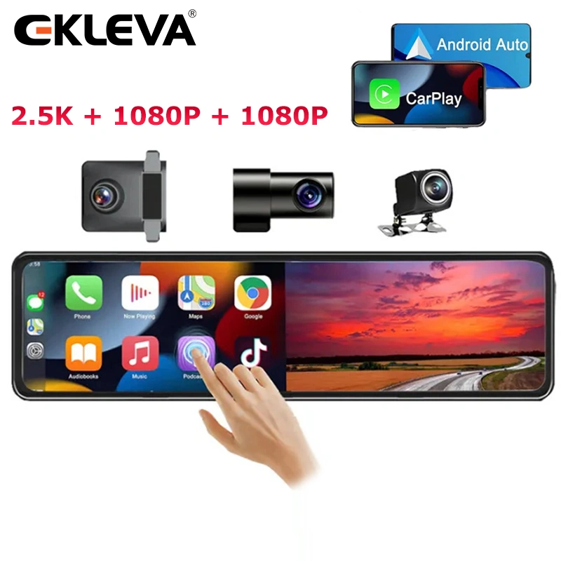 EKLEVA Dashcam Mobil 3 Kamera 11.26 Inci 2.5K Layer Sentuh DVR Mobil Bluetooth WIFI G-Sensor Monitor Parkir Support Android Auto & Carplay