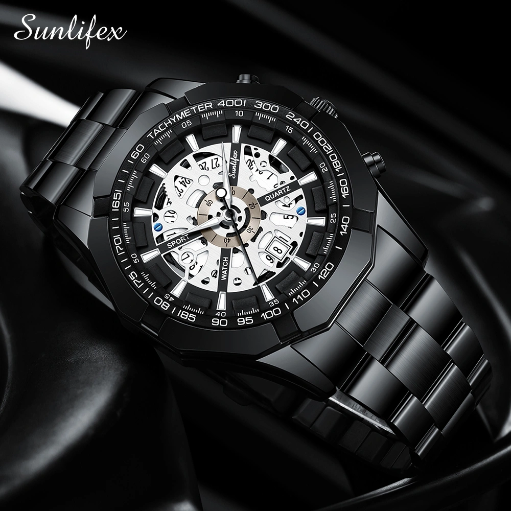 Sunlifex Jam Tangan Pria Original Calendar Luxury Bisnis Tali Stainless Steel Kuarsa Jam Tangan Cowok 9096