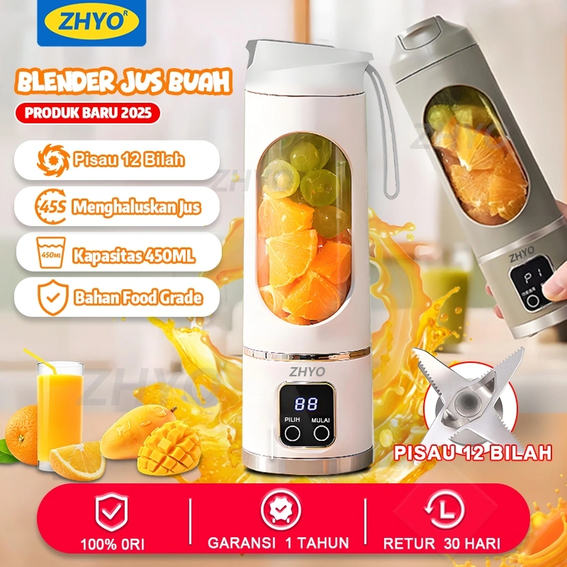 ZHYO Blender Jus Elektrik Terbaru 450ML 12 Pisau, USB Charge, Buah & Es Hancur Sekejap, Mudah Dibawa