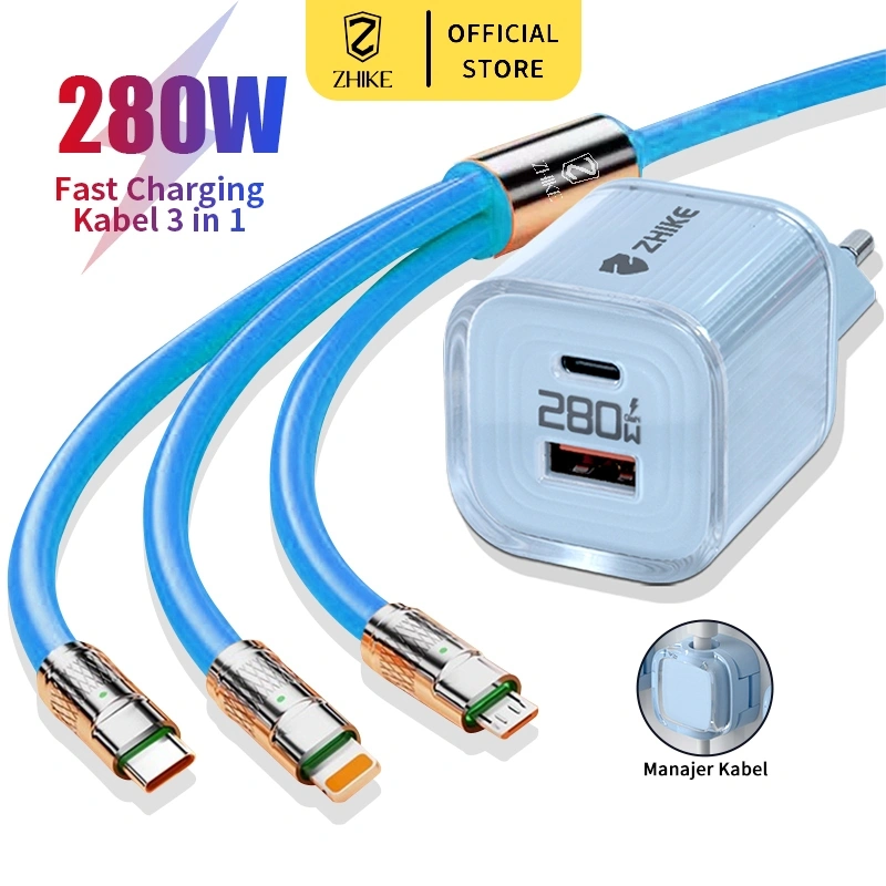 ZHIKE Kabel Data HP Fast Charging 3-in-1 Cable Micro USB Tipe C dengan Adaptor 240W 1.2M Mendukung Kepala Pengisi Daya Cepat 6A Untuk Infinix Samsung Realme Xiaomi OPPO VIVO