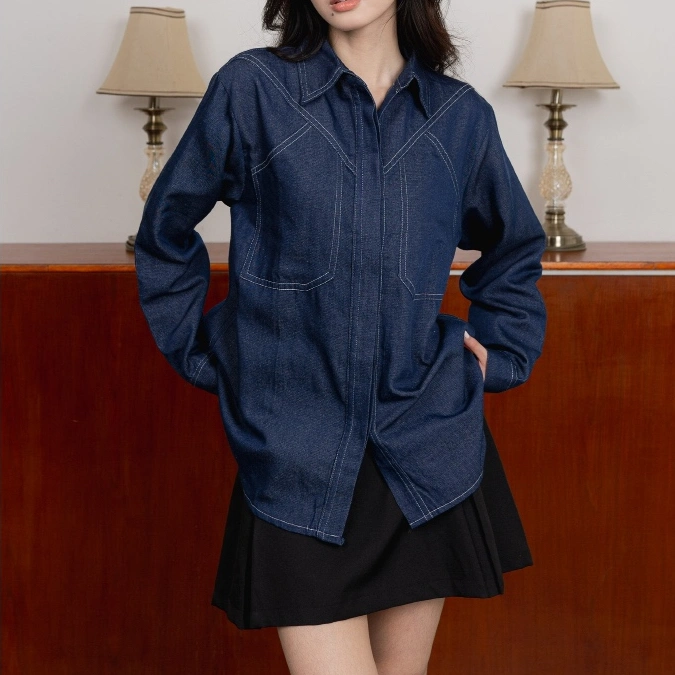 ASOKA Clove Shirt 2520 - Kemeja Kasual Basic Wanita Oversize - Contrast Stitch Blouse Cotton Denim