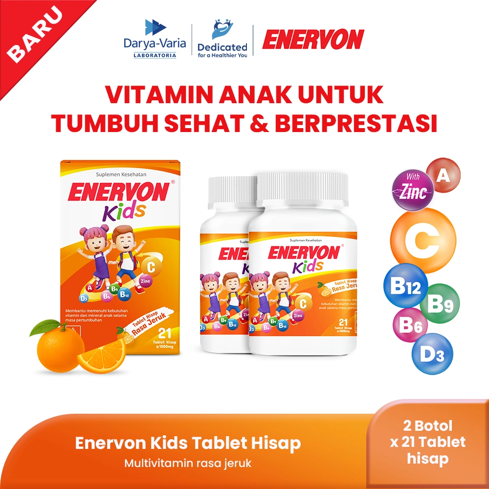 [BARU] Enervon Kids Tablet Hisap Rasa Jeruk  ( 2 botol  x 21 Tablet) -  Multivitamin Suplemen Kesehatan-Vitamin C, A, B Complex, D3 plus  Zinc - Membantu Memeliharan Vitamin dan Mineral Anak dimasa Pertumbuhan