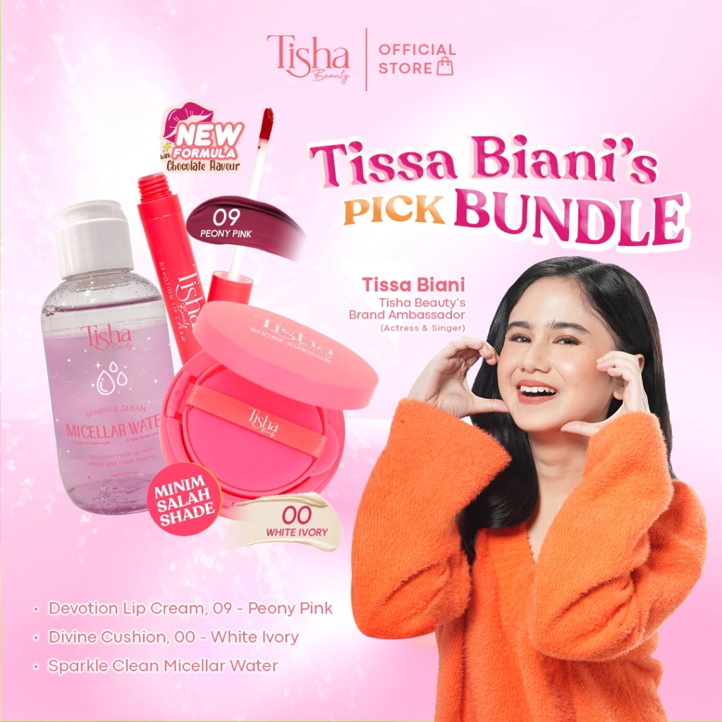 Tisha Beauty (Tissa Biani pick BUNDLE - Cushion White Ivory 00, Devotion Lip Cream 09 Peony Pink & Sparkle Clean Micellar Water)
