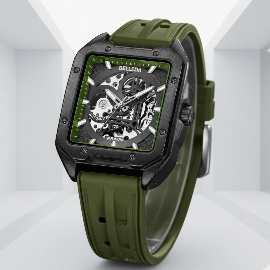 Jam Tangan Pria Belleda 9572 Automatic Sakelton Strap Rubber Fashion Watches Luxury Anti Air 10 Atm