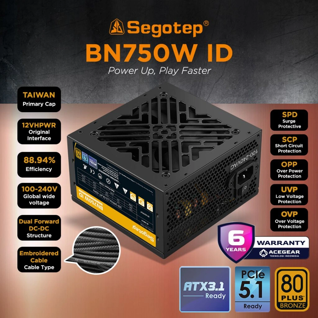 SEGOTEP BN750W ID ATX 3.1 PCIE 5.1 (750W 80PLUS BRONZE PSU Flat Cable Non Modular)