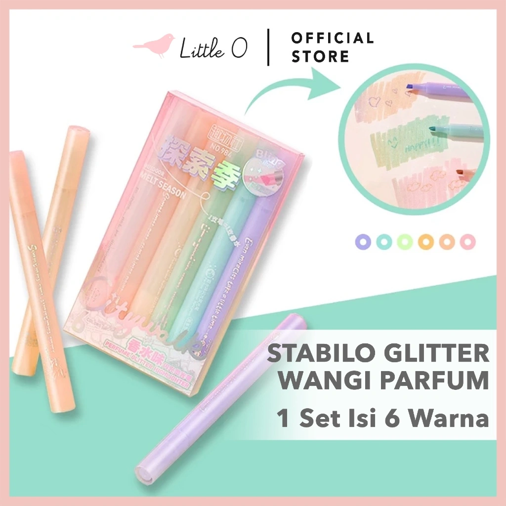 LITTLE O 1 Set Isi 6 Warna Perfume Glitter Highlighter Stabilo Bling-Bling Wangi Stabillo Pastel Lucu Shimmering Glitter Marker Set