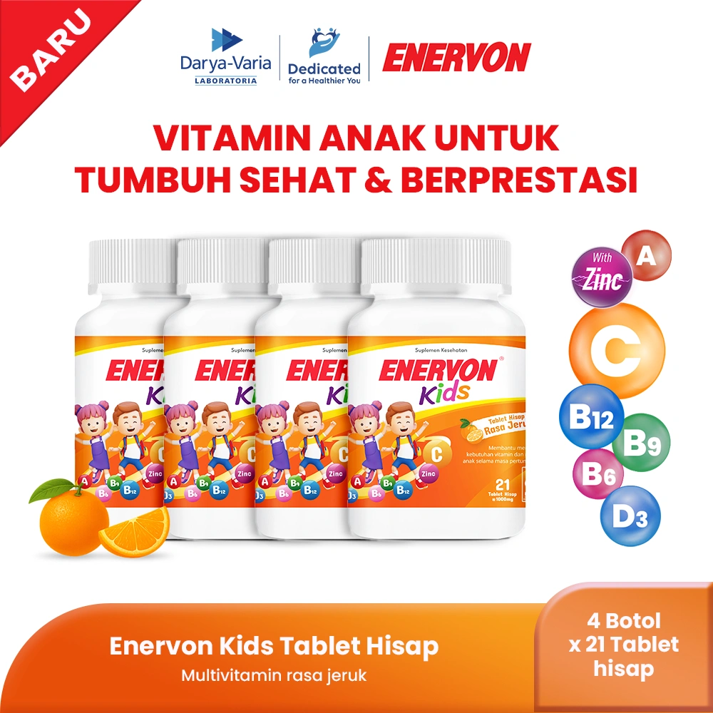[BARU] Enervon Kids Tablet Hisap rasa jeruk ( 4 botol  x 21 Tablet) - Multivitamin Suplemen Kesehatan C, A, B Complex, D3 plus  Zinc - Membantu Memeliharan Vitamin dan Mineral Anak dimasa Pertumbuhan