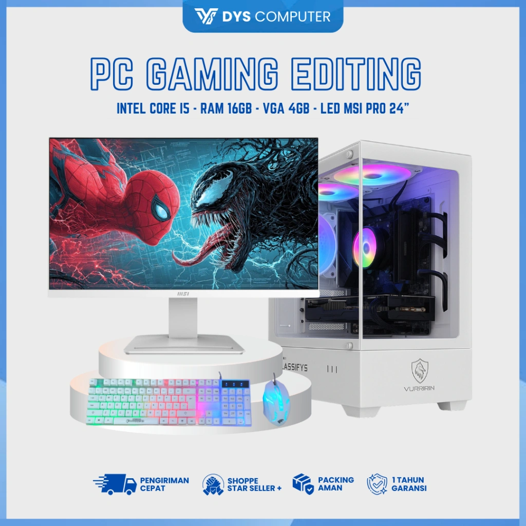 PC Gaming Fullset Murah / RAM 16GB / VGA 4GB / SSD / 500GB / Monitor 24” MSI / RGB Rush