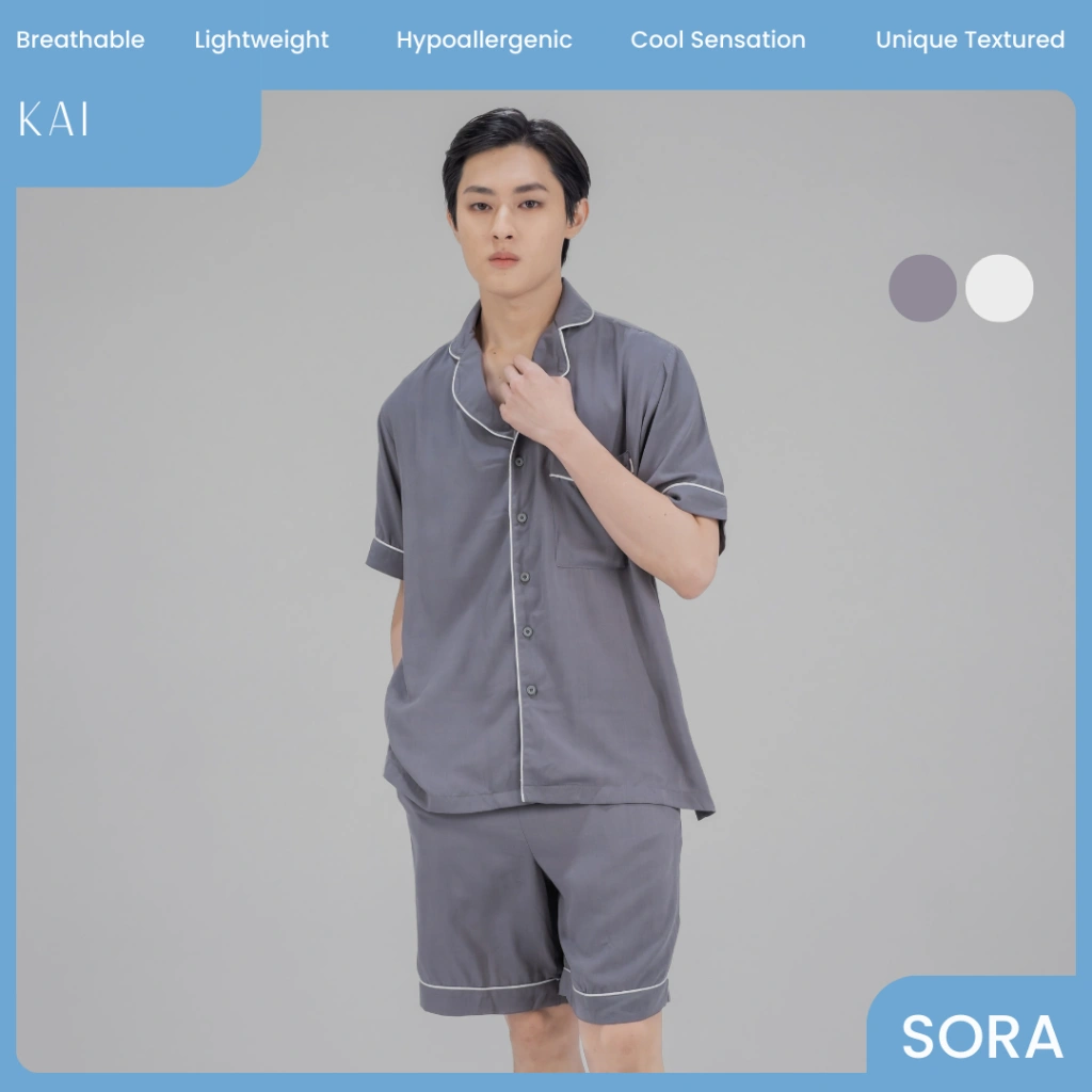 SORA Kai Piyama Pria – Set Lengan Pendek Celana Pendek Abu-abu - Putih  | 100% Bamboo Viscose