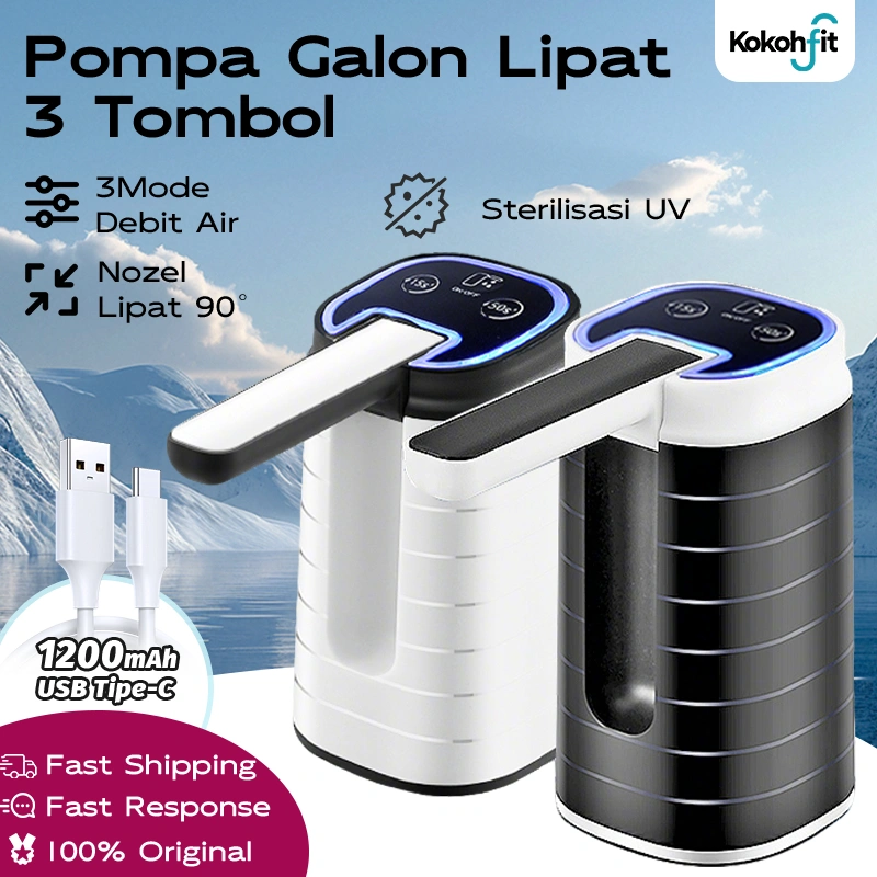 Kokohfit Pompa Galon Elektrik 3 Tombol Portabel / Dispenser Desinfektan Sinar UV Premium | USB Type-C 1200mAh