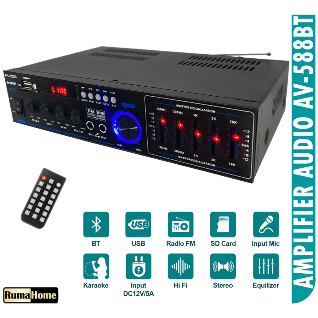 Amplifier  Bluetooth Garansi 1 tahun, EQ Audio Stereo Karaoke Home Theater FM Radio