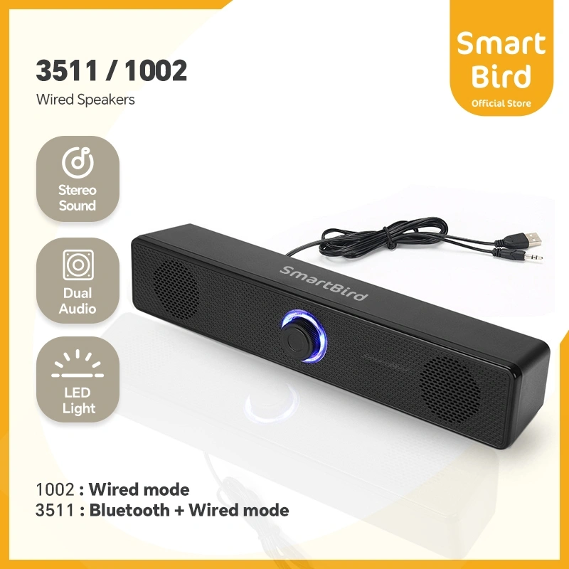 SmartBird Speaker 3511/1002 LED PC&TV Soundbar Wired/Wireless Bluetooth Stereo Gaming Subwoofer Bar Speaker USB Powered Soundbar For TV Pc Laptop Gaming Home Theater Audio System Sound Box Player