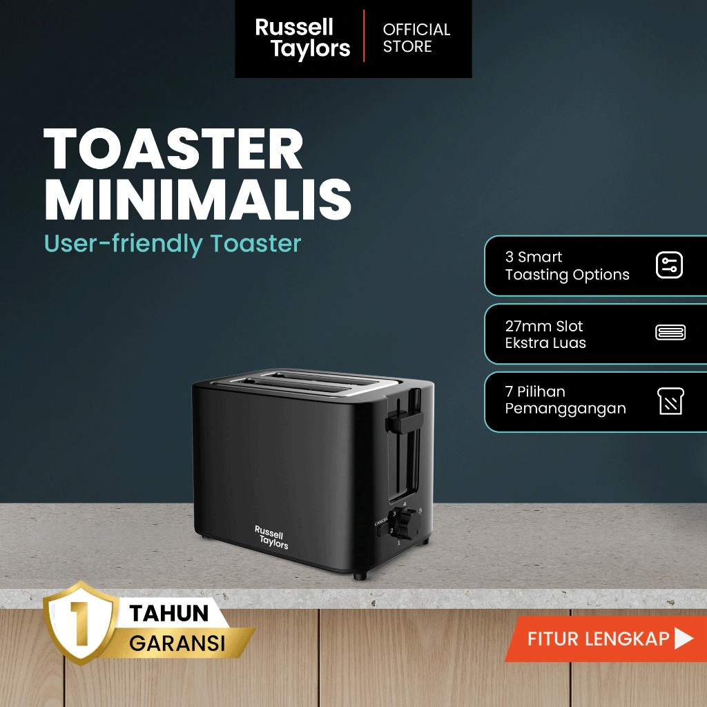 Russell Taylors T2 Toaster Pemanggang Roti Minimalis dengan 7 Pengaturan Kematangan Garansi Resmi 1 Tahun