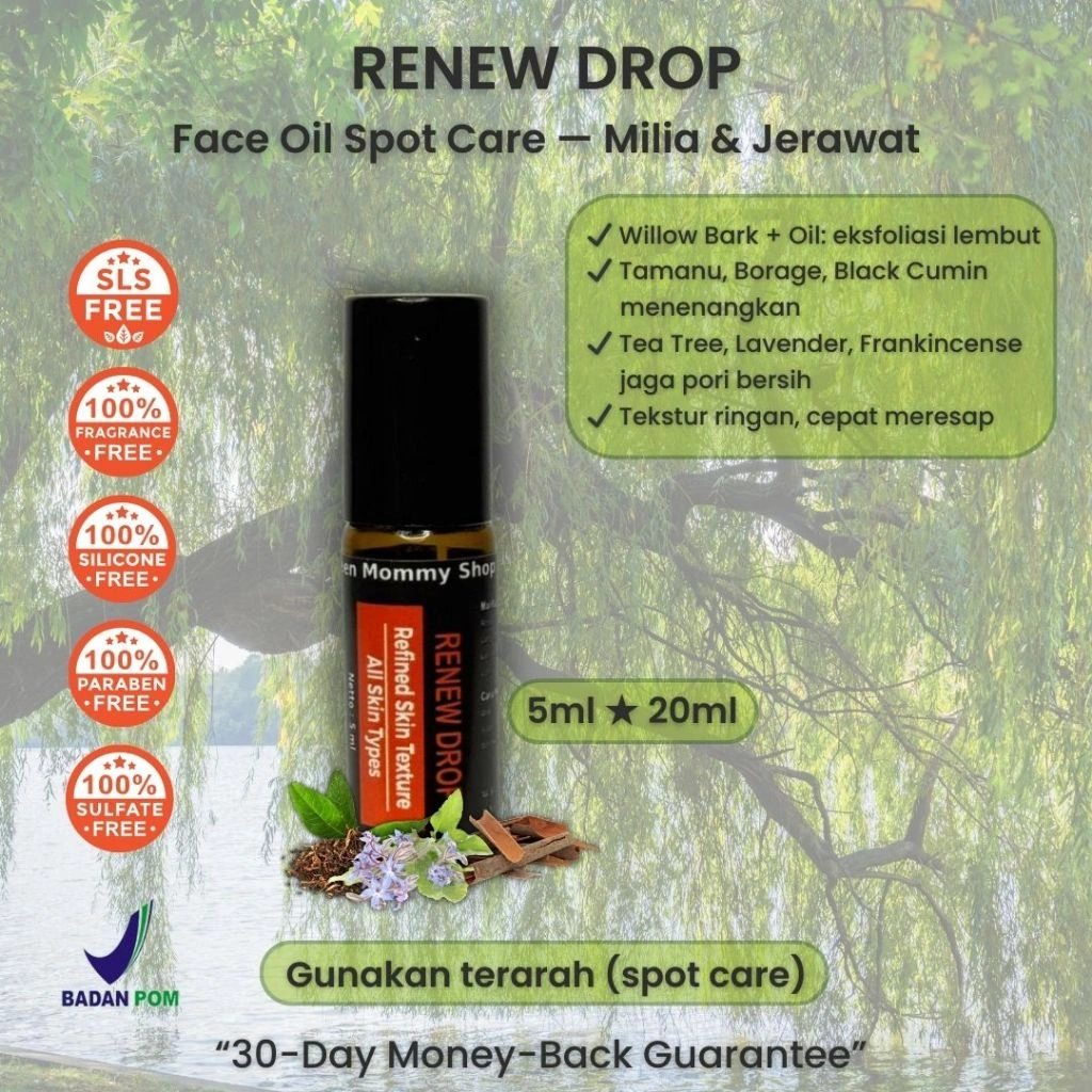 Green Mommy Shop - Renew Drop – Face Oil Target Milia & Jerawat | Willow Bark, Tamanu, Tea Tree 5ml