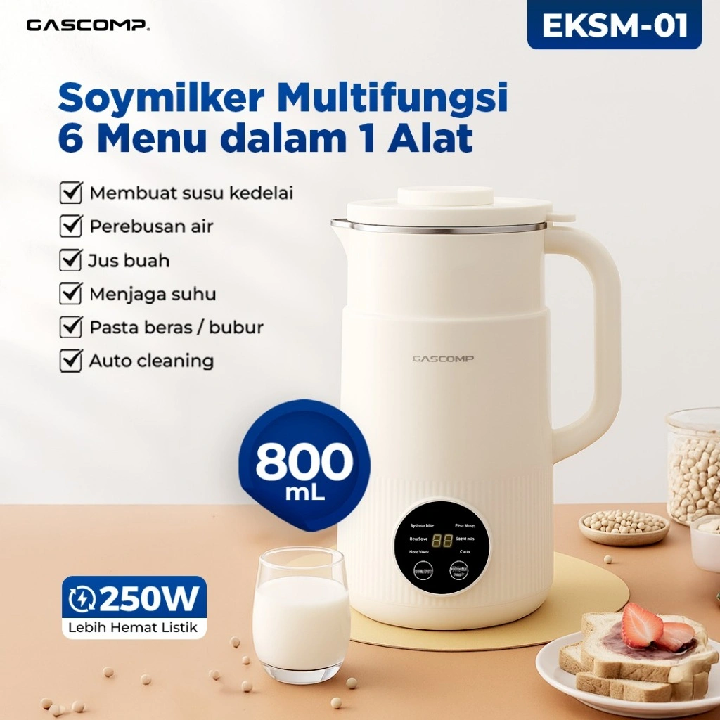 GASCOMP Digital Soy milk Maker 800ml Suara Halus Korean Style 6 in 1 - 250W Hemat Listrik | Mesin Multifungsi Pembuat Susu Kacang Kedelai tanpa Disaring + 8 Mata Pisau Stainless (EKSM-01)