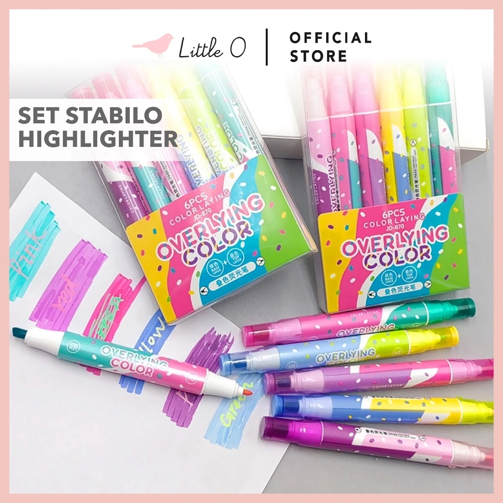 LITTLE O WARNA BISA DITIMPA 1 Set Double Highlighter Isi 6pcs Stabillo 2 Mata Penanda Teks Spidol Pen Marker 2 Sisi