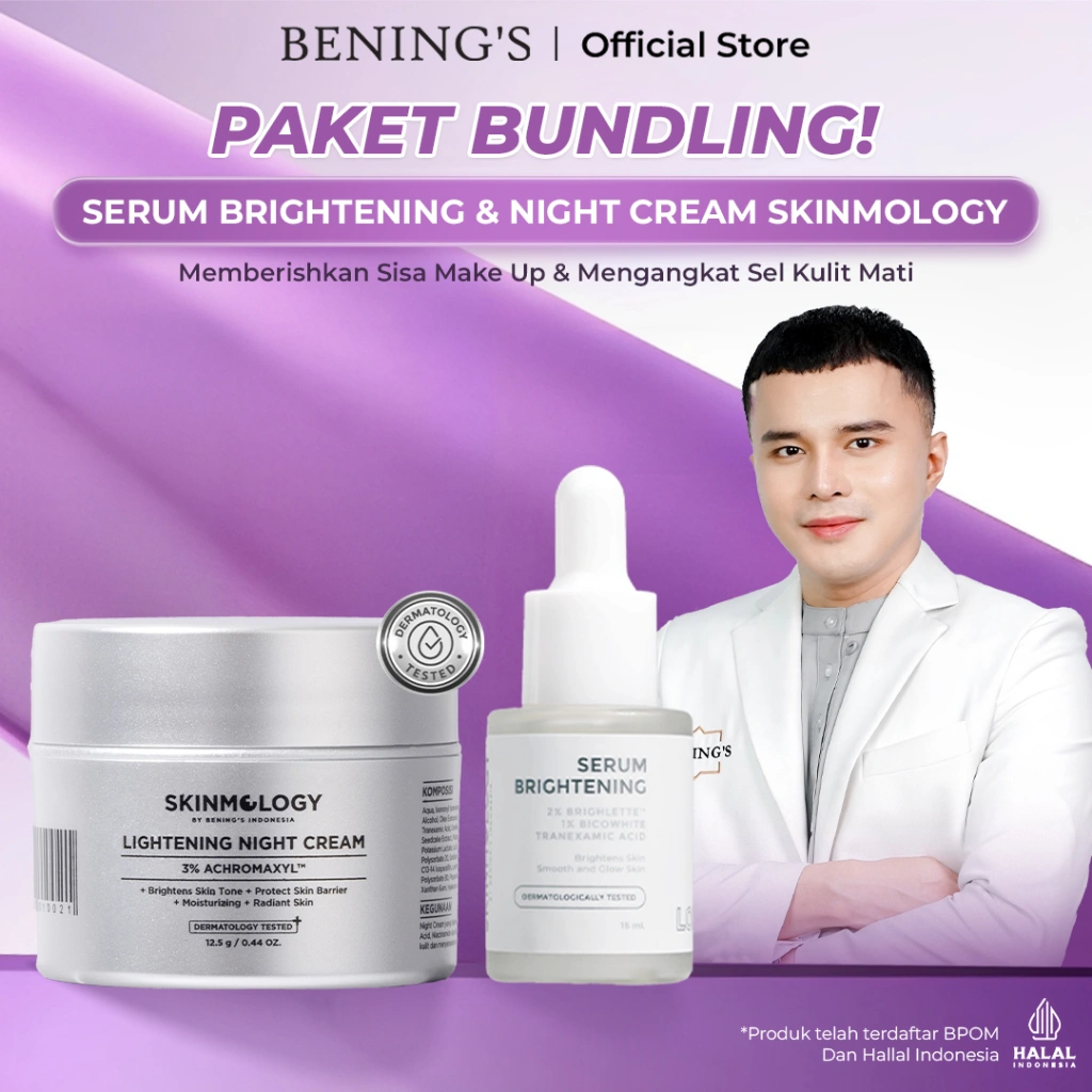 BENING'S SKINMOLOGY Bundling Krim Malam + Serum Brightening Mencerahkan Wajah Kusam & Bekas Jerawat