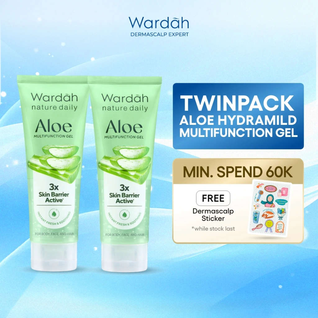 Wardah Dermascalp Expert Twinpack Nature Daily Aloe Hydramild Multifunction Gel 100mL  – Gel Aloe Vera untuk Melembapkan Wajah, Kulit, & Rambut | Menenangkan & Menyegarkan Kulit | Body Care Moisturizer Serbaguna | Body Care Halal