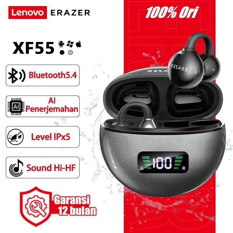 Lenovo Erazer XF55 Earbud Bluetooth jepit model terbuka dengan terjemahan AI, Bluetooth 6.0, peredam bising cerdas, headphone gaming dan olahraga, tahan air IPX7, bass ekstrem, dan indikator baterai di layar.